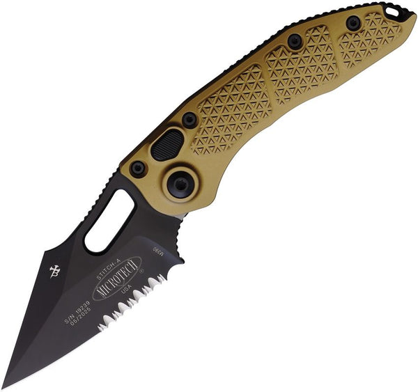 Microtech Auto Stitch Button Lock Tan Textured Aluminum Black P/Serrated Bohler M390