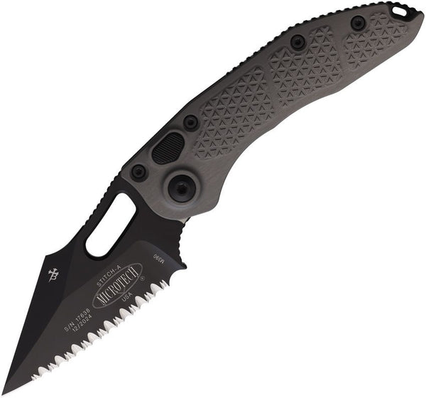 Microtech Auto Stitch Button Lock Gray Aluminum Black Wharncliffe F/Serrated Bohler M390