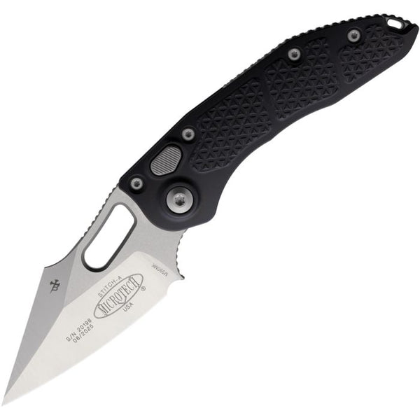 Microtech Auto Stitch S/E Button Lock Black Textured Aluminum Satin Wharncliffe Bohler M390MK