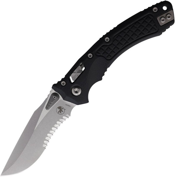 Microtech Amphibian S/E Ram-Lok Black Frag Pattern G10 Stonewash P/Serrated Bohler M390MK