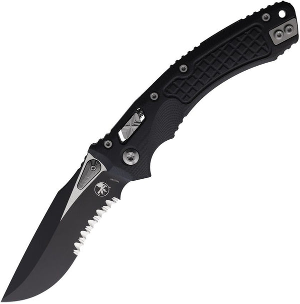 Microtech Amphibian S/E Ram-Lok Black Frag Pattern G10 Two Tone P/Serrated Bohler M390MK