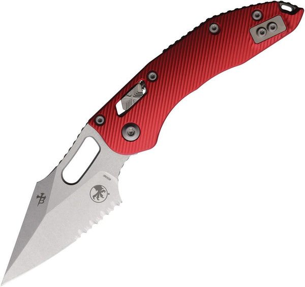 Microtech Stitch S/E Ram Lok Red Fluted Aluminum Stonewash P/Serrated Wharncliffe Bohler M390MK