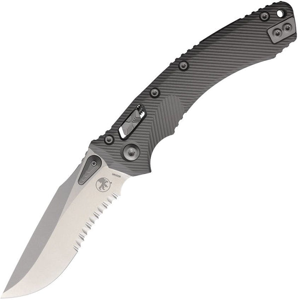 Microtech Amphibian S/E Ram-Lok Gray Fluted Aluminum Stonewash P/Serrated Bohler M390MK