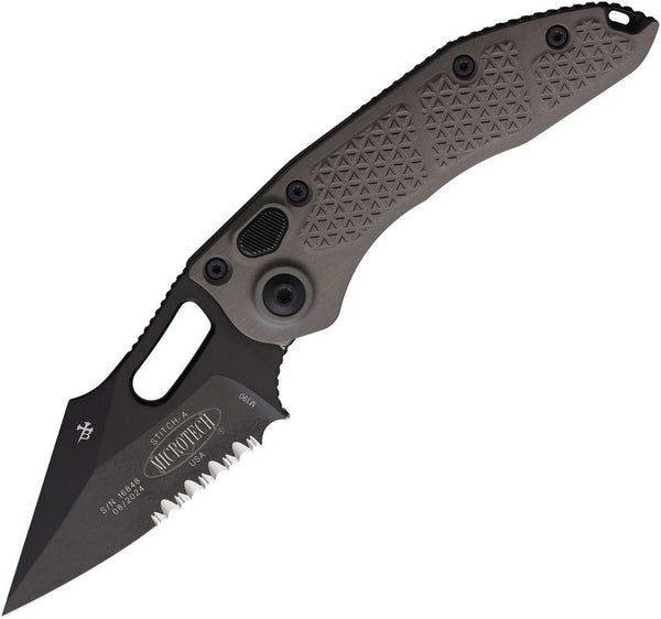 Microtech Auto Stitch S/E Button Lock Gray Aluminum Black Apocalyptic Wharncliffe P/Serrated Bohler M390