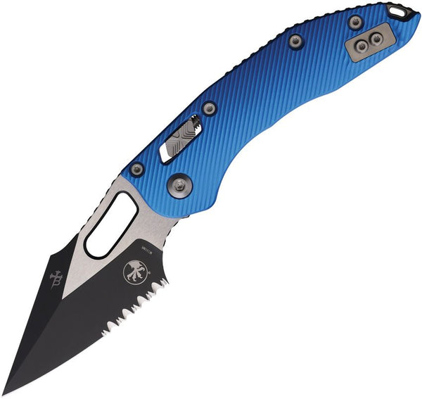 Microtech Stitch S/E Ram Lok PS Blue Fluted Aluminum Two Tone P/Serrated Wharncliffe Bohler M390MK