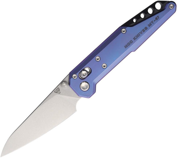 NOC Knives MT-27 Dark Feather Crossbar Blue Anodized Titanium Stonewash Bohler M390