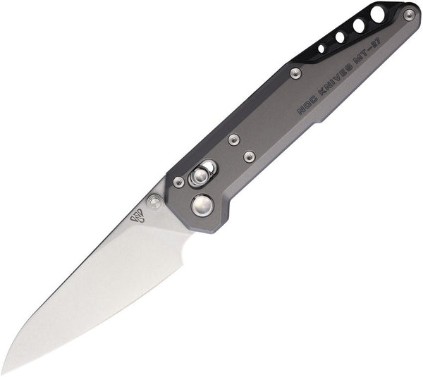 NOC Knives MT-27 Dark Feather Crossbar Gray Anodized Titanium Stonewash Bohler M390