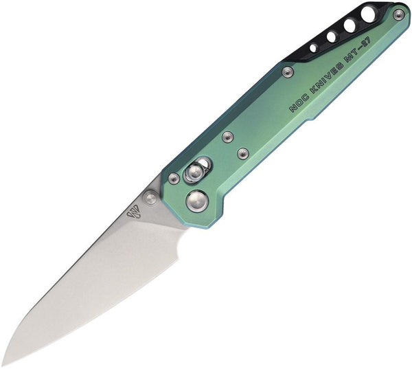 NOC Knives MT-27 Dark Feather Crossbar Green Anodized Titanium Stonewash Bohler M390