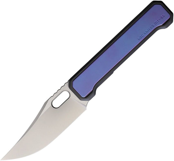 NOC Knives MT-30 Linerlock Black Titanium w Blue Anodized Titanium Onlay Bead Blast Clip Point Bohler M390