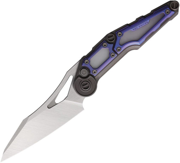 NOC Knives MT-32 Button Lock Gray & Blue Titanium Satin Wharncliffe Bohler M390