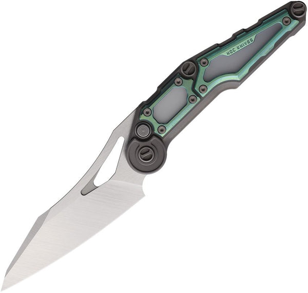NOC Knives MT-32 Button Lock Gray & Green Titanium Satin Wharncliffe Bohler M390