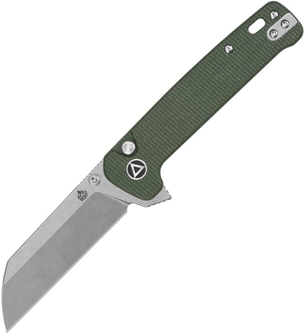 QSP Knife Penguin Button Lock Green Canvas Micarta Stonewash 14C28N Sandvik