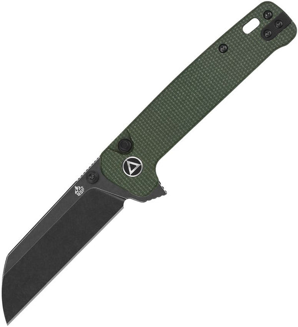 QSP Knife Penguin Button Lock Green Canvas Micarta Black Stonewash 14C28N Sandvik