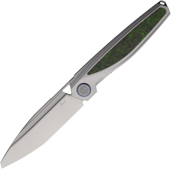 Rike Knife Baidi-T Linerlock Gray Titanium w Black & Green CF Inlay Bead Blast Tanto Bohler M390