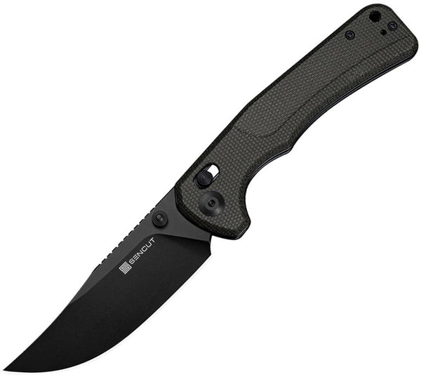 SENCUT Slybolt Crossbar Lock Dark Green Canvas Micarta Black Clip Point 9Cr18MoV