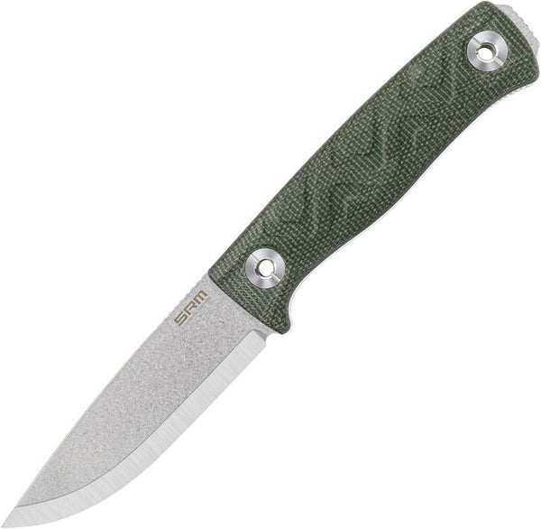 SRM Knives Bushcraft Fixed Blade Green Canvas Micarta Stonewash 14C28N Sandvik