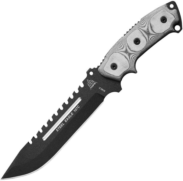 TOPS Knives Steel Eagle Black Linen Micarta Coated Traction Sawback 1095HC