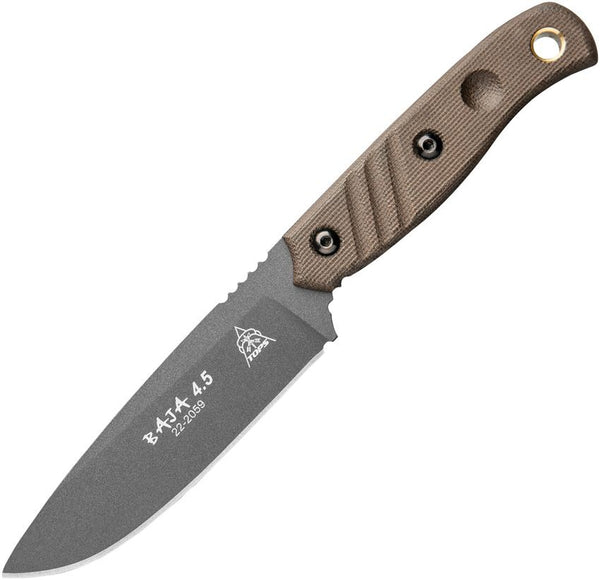 TOPS Knives Baja 4.5 Fixed Blade Green Canvas Micarta Gray Tungsten Cerakote 1095HC