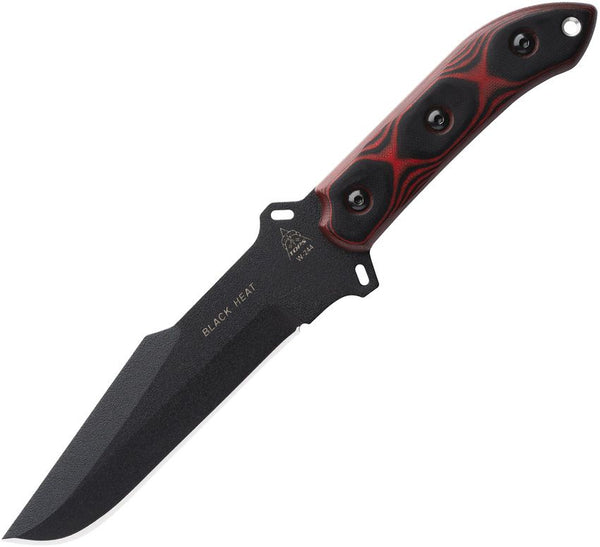 TOPS Knives Black Heat Fixed Blade Black and Red G10 Traction Coated 1095HC