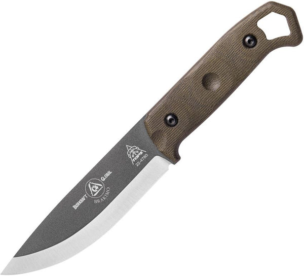 TOPS Knives Brakimo Fixed Blade Green Canvas Micarta Gray Tungsten Cerakote 1095HC