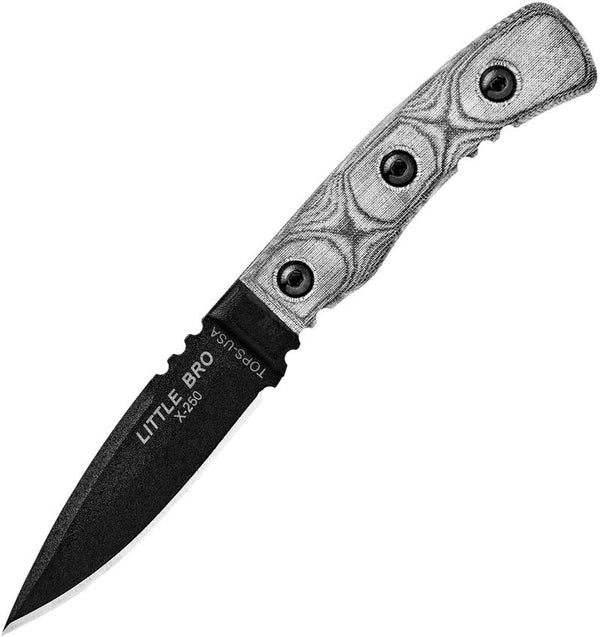 TOPS Knives Little Bro Black Linen Micarta Black Traction Coated 1095HC