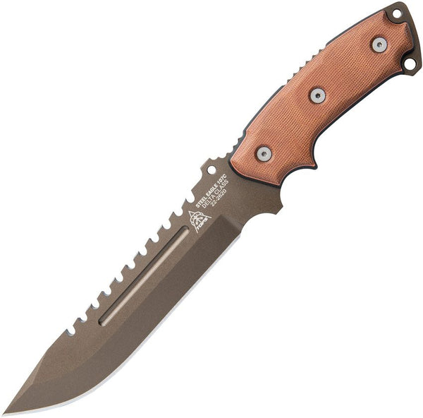 TOPS Knives Steel Eagle 107C Delta Tan Canvas Micarta Midnight Bronze Sawback 1095HC