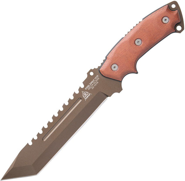 TOPS Knives Steel Eagle Delta Class Tan Canvas Micarta Midnight Bronze Sawback Tanto 1095HC