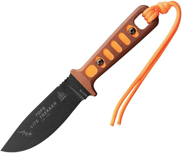 TOPS Knives Lite Trekker Fixed Blade Brown Linen Micarta w Orange Cord Black Traction Coated 1095HC