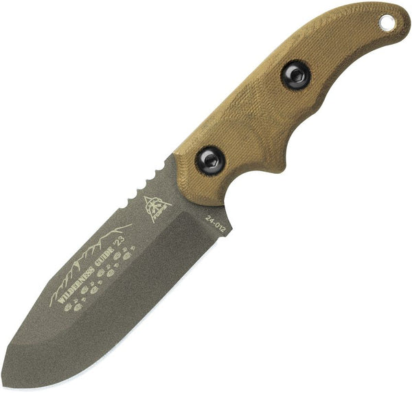 TOPS Knives Wilderness Guide '23 OD Green Canvas Micarta Gray Tungsten Cerakote 1095HC