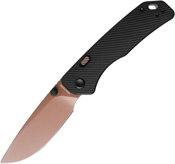 Vosteed Marten Top Linerlock Black Fluted Aluminum Copper Dune Drop Point 154CM