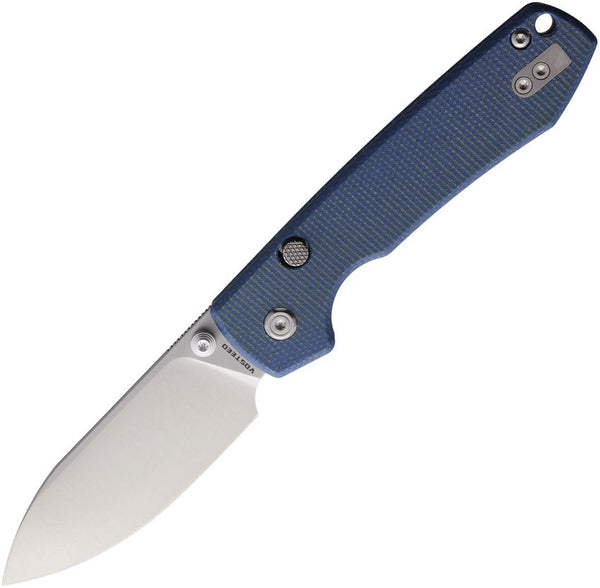 Vosteed Raccoon Top Linerlock Blue Canvas Micarta Satin 14C28N Sandvik