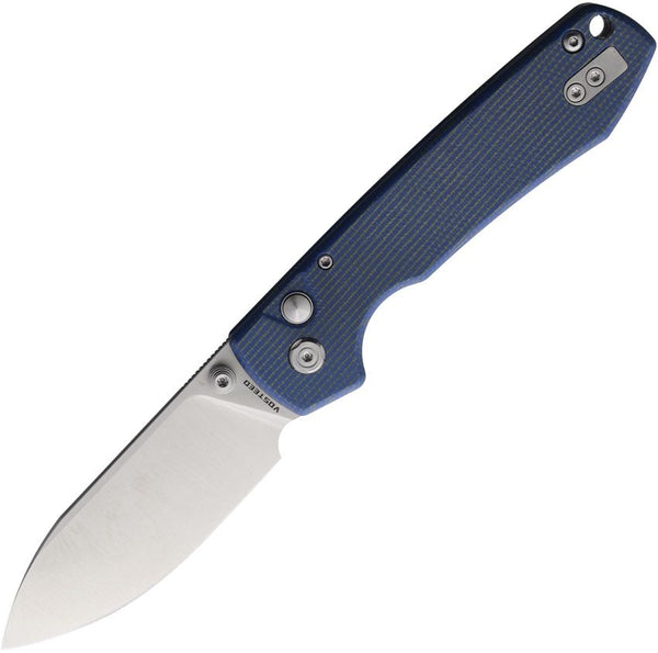 Vosteed Raccoon Button Lock Blue Canvas Micarta Satin 14C28N Sandvik