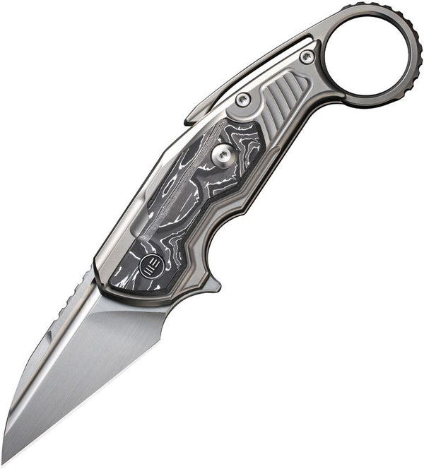 We Knife Co Ltd Yardbird Button Lock  6AL4V Titanium w Aluminum Foil Carbon Fiber Inlay Hand Rubbed Satin Wharncliffe CPM 20CV