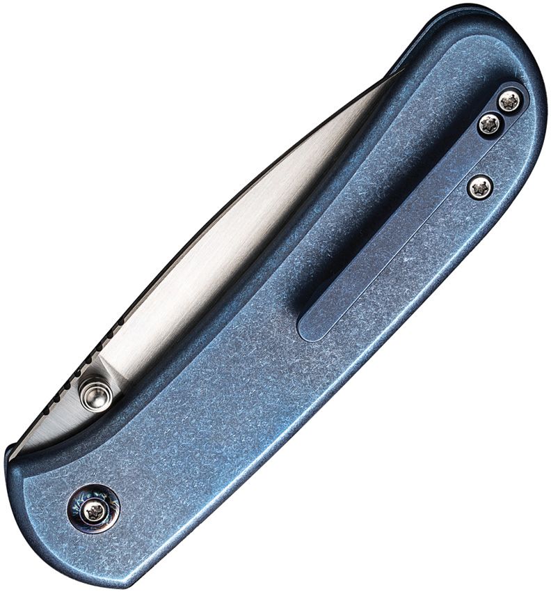 We Knife Co Ltd Qubit Button Lock Blue Stonewash Titanium Satin CPM-20CV