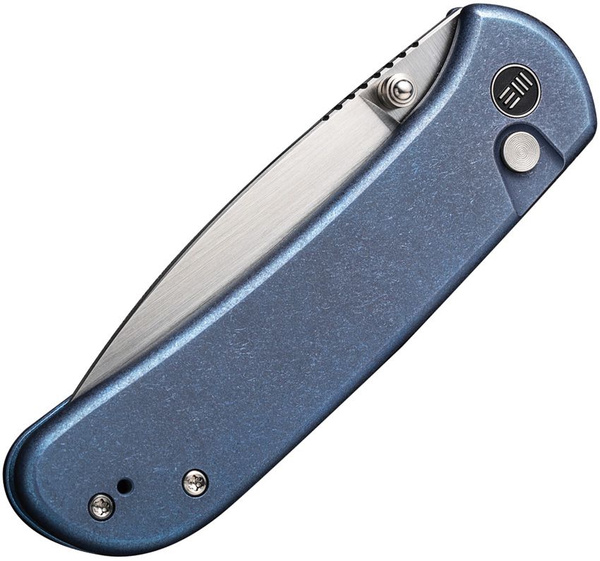We Knife Co Ltd Qubit Button Lock Blue Stonewash Titanium Satin CPM-20CV