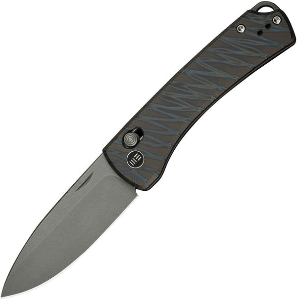 We Knife Co Ltd Nightblade Crossbar Lock Tiger Stripe Pattern Flamed 6AL4V Titanium Gray Stonewashed Drop point CPM 20CV