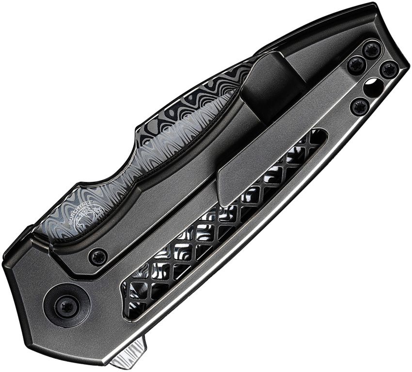 We Knife Co Ltd Harpen Framelock Gray Titanium Modified Drop Point Damasteel
