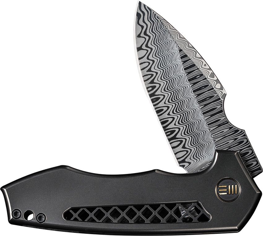 We Knife Co Ltd Harpen Framelock Gray Titanium Modified Drop Point Damasteel