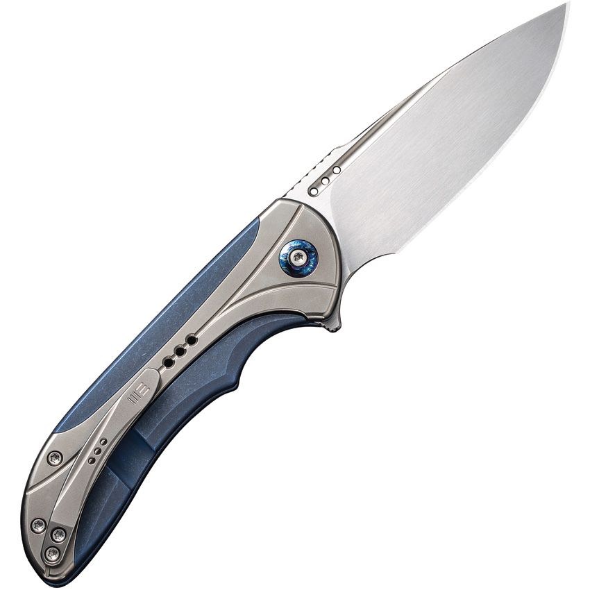 We Knife Co Ltd Equivik Framelock Blue/Bead Blasted 6AL4V Titanium Hand Rubbed Satin Drop Point CPM 20CV
