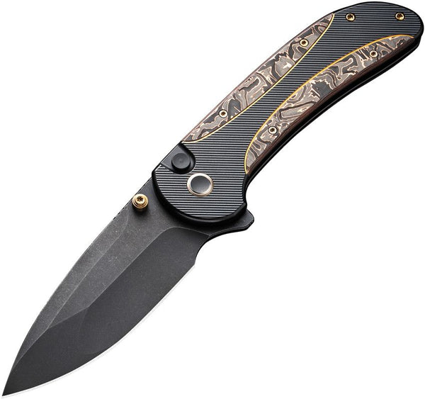 We Knife Co Ltd Zizzit Button Lock Blackout Titanium w Copper CF Inlay Stonewash CPM-20CV