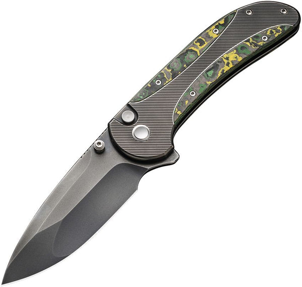 We Knife Co Ltd Zizzit Button Lock Gray Titanium w Toxic Storm Fat Carbon Fiber Inlay Gray Stonewash CPM-20CV