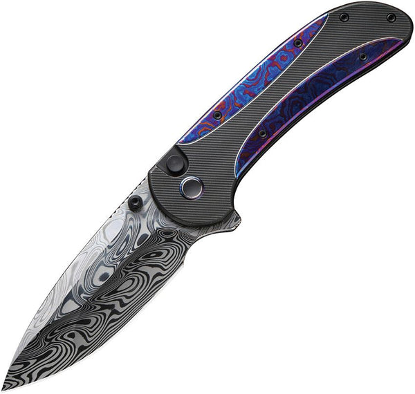We Knife Co Ltd Zizzit Button Lock Black Titanium w Timascus Inlay Damascus