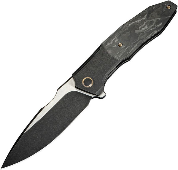 We Knife Co Ltd Archeozoic Interframe Lock Black 6AL4V Titanium w Shredded Carbon Fiber Inlay Drop Point Bohler M390