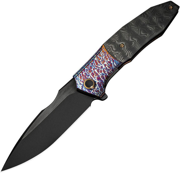 We Knife Co Ltd Archeozoic Interframe Lock Flamed 6AL4V Titanium w Rose Carbon Fiber Inlay Black Stonewashed Bohler M390