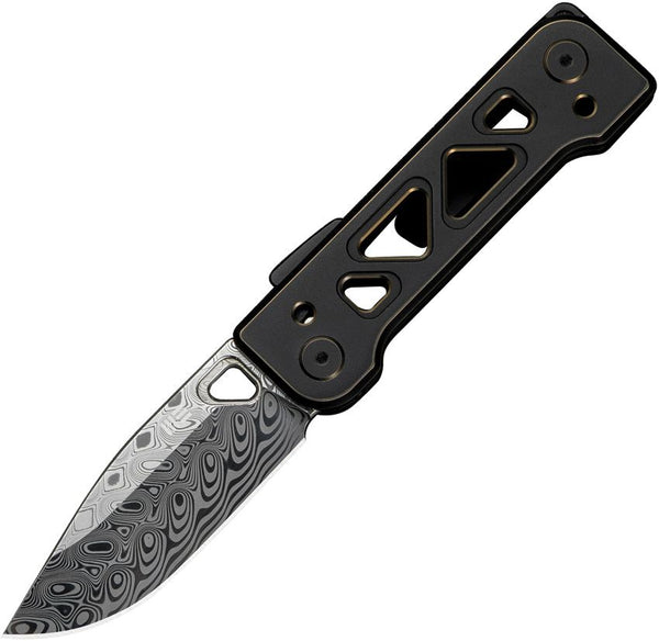 We Knife Co Ltd Tyro Superlock Black, Golden 6AL4V Titanium Drop Point Damasteel (Hakkapella)
