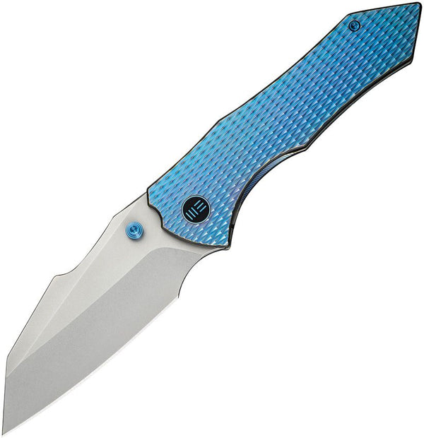 We Knife Co Ltd High-Fin XL Framelock Blue / Purple 6AL4V Titanium Stonewashed Reverse Tanto CPM 20CV