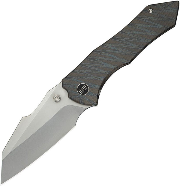 We Knife Co Ltd High-Fin XL Framelock Tiger Stripe Pattern Flamed 6AL4V Titanium Polished Bead Blasted Reverse Tanto CPM 20CV