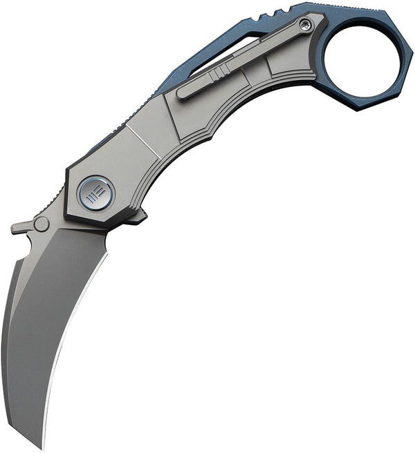 We Knife Co Ltd Tayra Framelock Gray/Blue 6AL4V Titanium Stonewashed Hawkbill Bohler M390