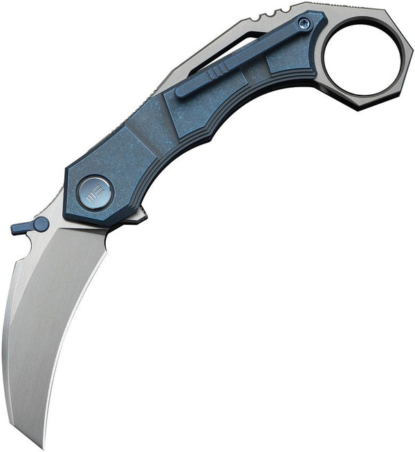 We Knife Co Ltd Tayra Framelock Blue 6AL4V Titanium Hand Rubbed Satin Hawkbill Bohler M390