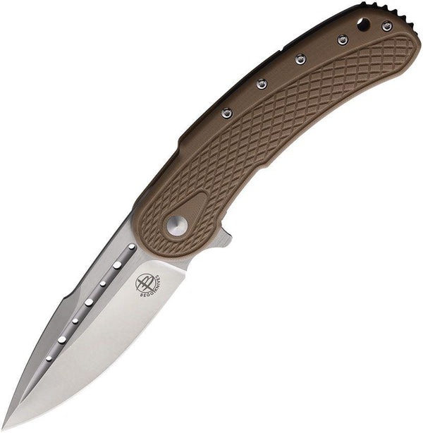 Begg Knives Bodega Framelock Tan Checkered G10 Satin Spear Point D2 - Knives.mx